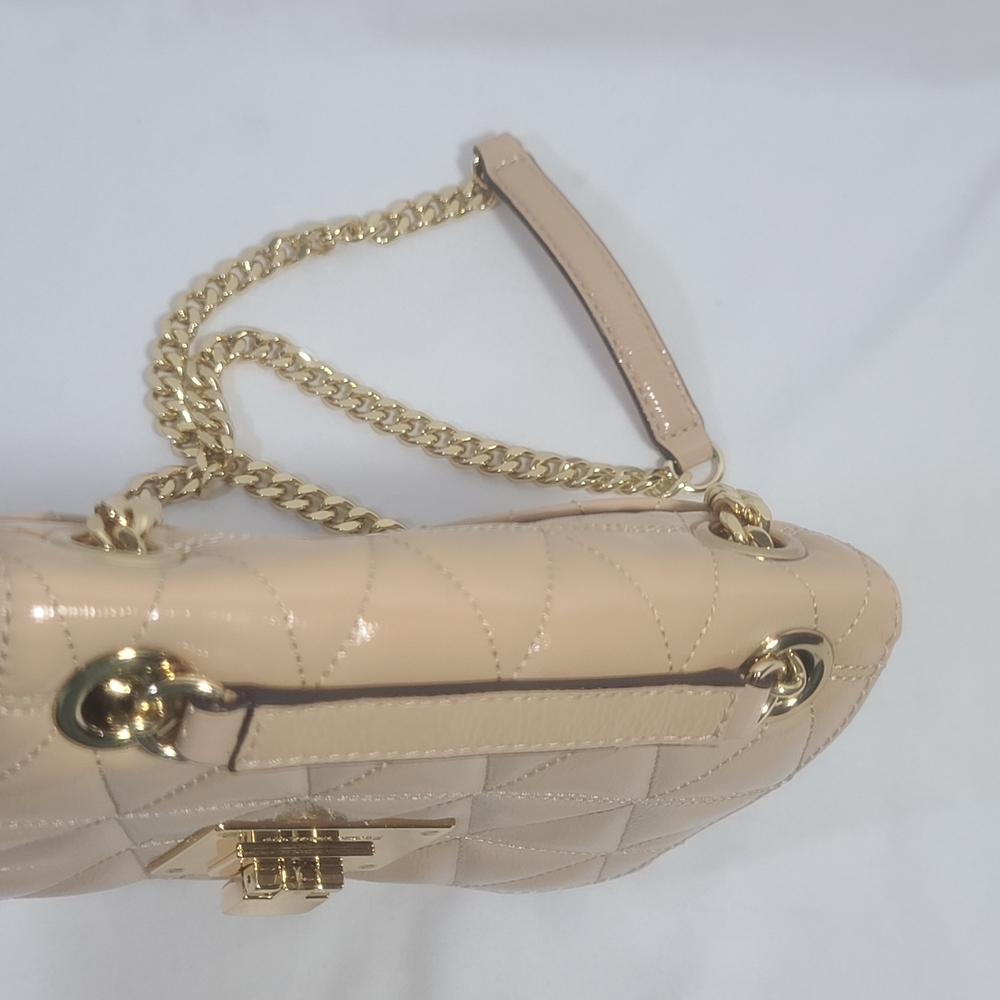 Michael Kors Vivianne Small Flap Shoulder Crossbody Patent Leather Beige Purse - Picture 2 of 16